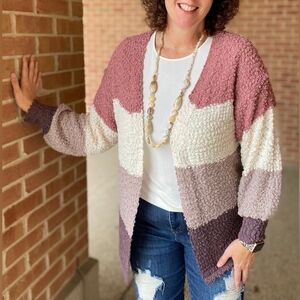 Eesome Wide Stripe Popcorn Cardigan Pink Cream, S/M (B7)